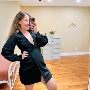 Ganni Black Sexy Wrap Long Sleeve Mini Dress 36 Small